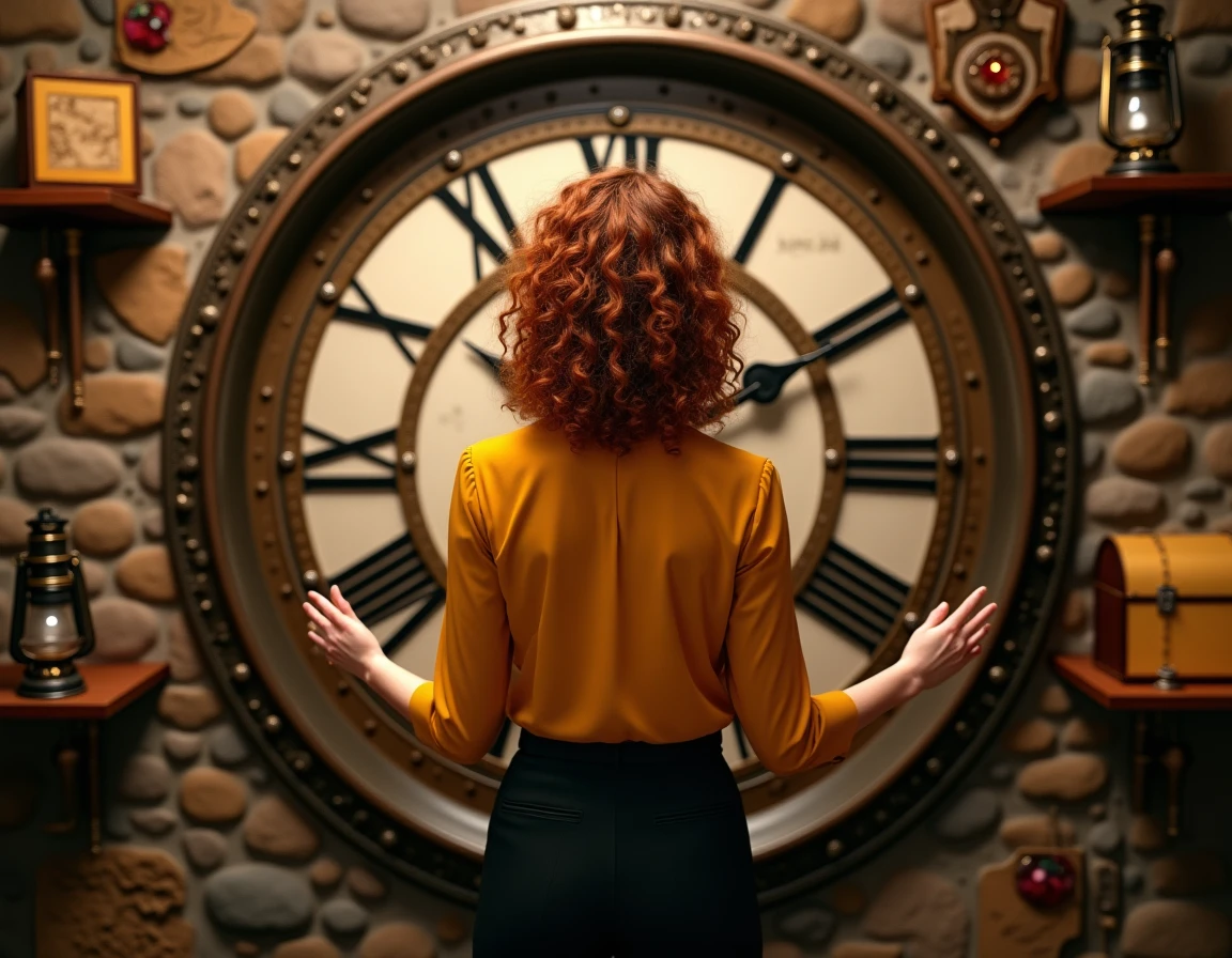 Joueuse manipulant des engrenages en laiton devant une grande horloge vintage dans la salle steampunk de Chronopolis à Six-Fours-les-Plages