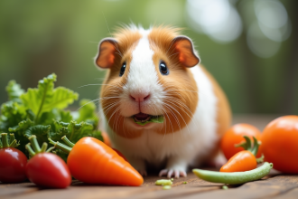 Cochon d'Inde mangeant des légumes frais en lumière naturelle
