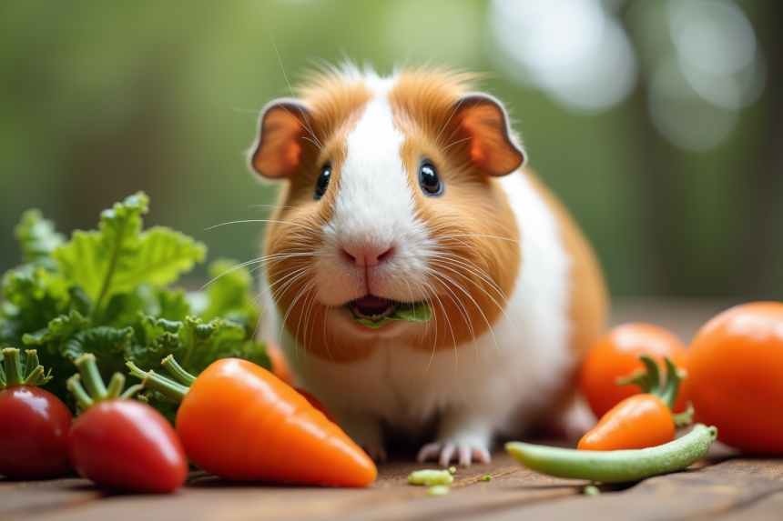 Cochon d'Inde mangeant des légumes frais en lumière naturelle
