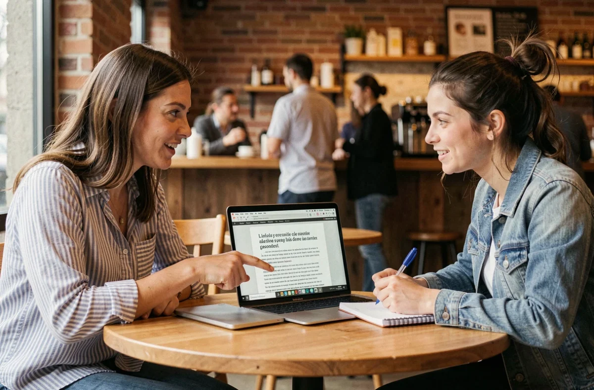Deux femmes collaborant sur une traduction française dans un café, discutant du sens d'une expression ambiguë devant un ordinateur portable