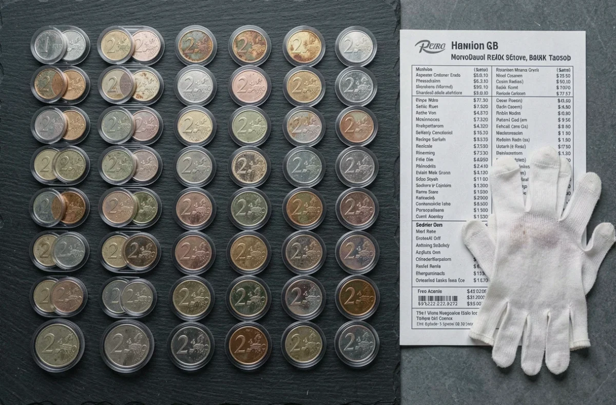 Collection de pièces de 2 euros rares classées dans des protège-monnaies transparents sur une ardoise sombre avec un guide de prix