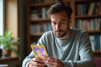 Collectionneur examinant attentivement une carte Pokémon holographique rare au-dessus d'un bureau rempli d'albums de cartes et de protège-cartes