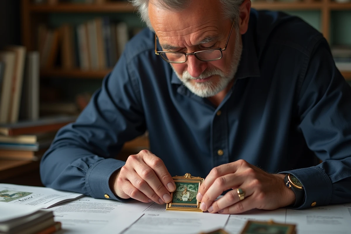 Collectionneur expert examinant une plaque émaillée Chopard lors d'une séance d'estimation