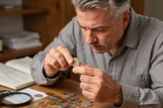 Collectionneur examinant une pièce de 2 euros rare avec une loupe sur un bureau en bois couvert de monnaies