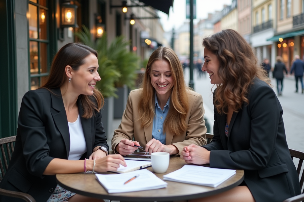 Trois collègues discutant autour d une table de café en ville