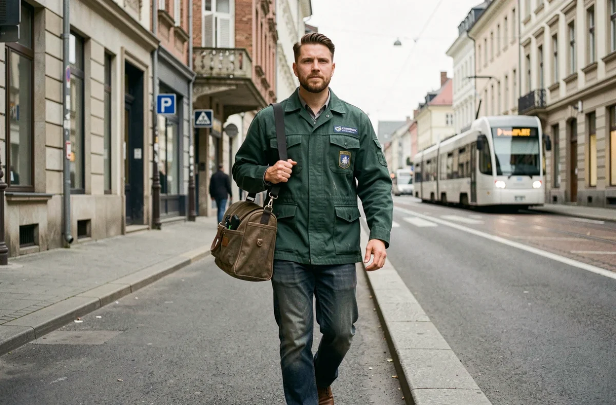 Électricien de COM Électricien Brest marchant dans une rue commerciale de Brest avec son sac à outils