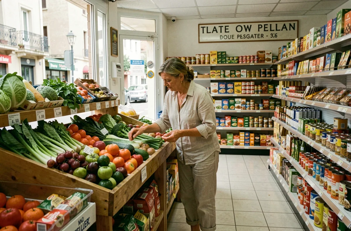 Commerce de proximité dans un quartier résidentiel de Montpellier avec cliente et produits locaux