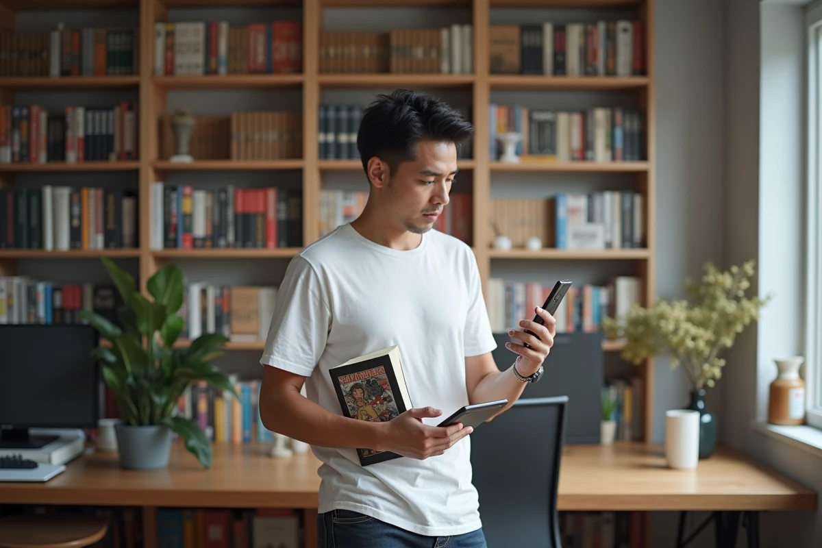 Homme comparant un manga papier et une lecture numérique sur smartphone devant une bibliothèque remplie de mangas