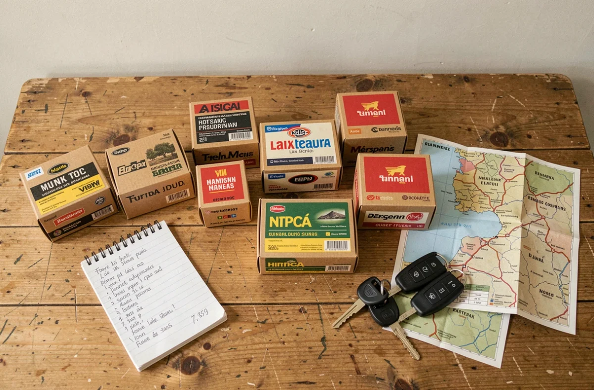 Comparaison de prix de cartouches de chasse achetées en Espagne, avec carte routière et notes manuscrites sur une table en bois