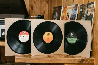 Comparaison des tailles de vinyles 33, 45 et 78 tours sur une étagère en bois dans une salle de musique vintage