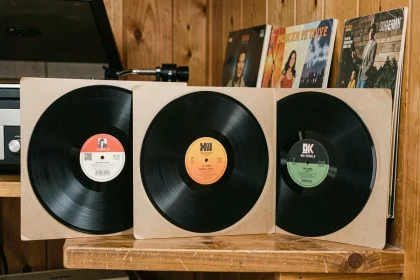 Comparaison des tailles de vinyles 33, 45 et 78 tours sur une étagère en bois dans une salle de musique vintage