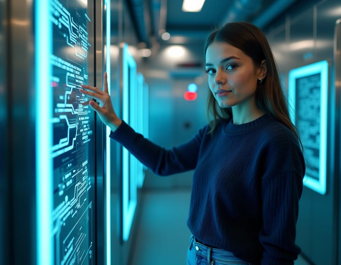 Joueuse interagissant avec un panneau électronique high-tech dans la salle futuriste de Continuum à Toulon