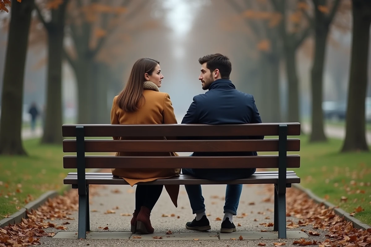 Couple assis aux extrémités opposées d'un banc de parc en automne, distance émotionnelle palpable symbolisant la rupture de confiance et la trahison amoureuse