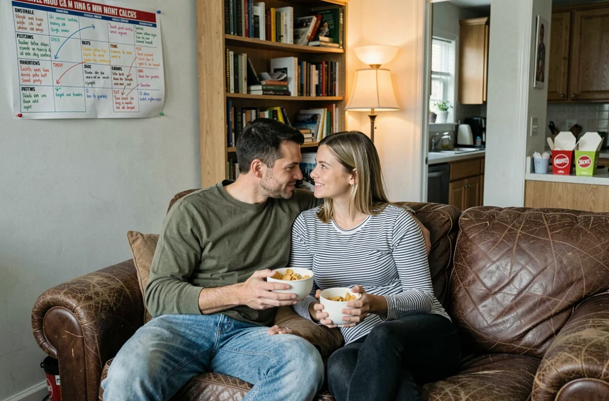 Couple regardant les films Marvel en ordre chronologique avec un planning affiché au mur pendant une soirée binge-watching