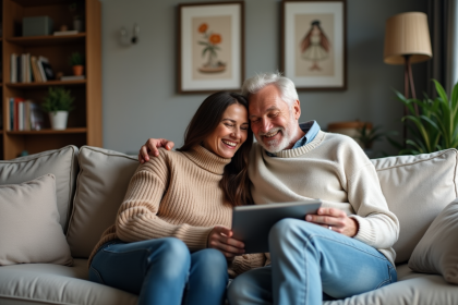Couple d'adultes lisant une tablette dans un salon chaleureux