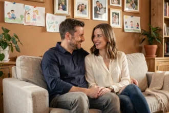 Couple souriant dans un salon familial chaleureux entouré de photos et de souvenirs personnels