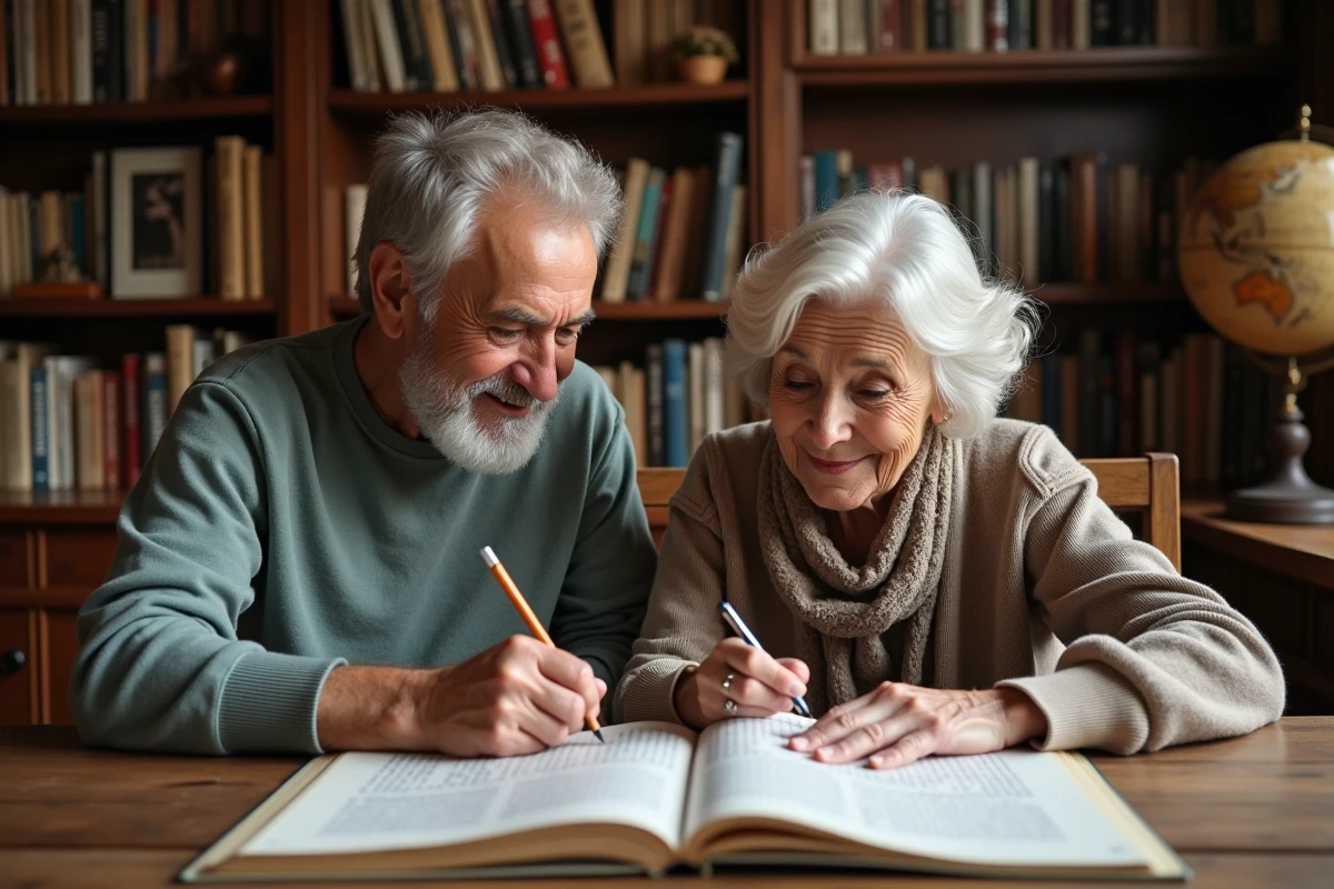 Couple de seniors collaborant sur un livre de mots fléchés dans une bibliothèque à domicile