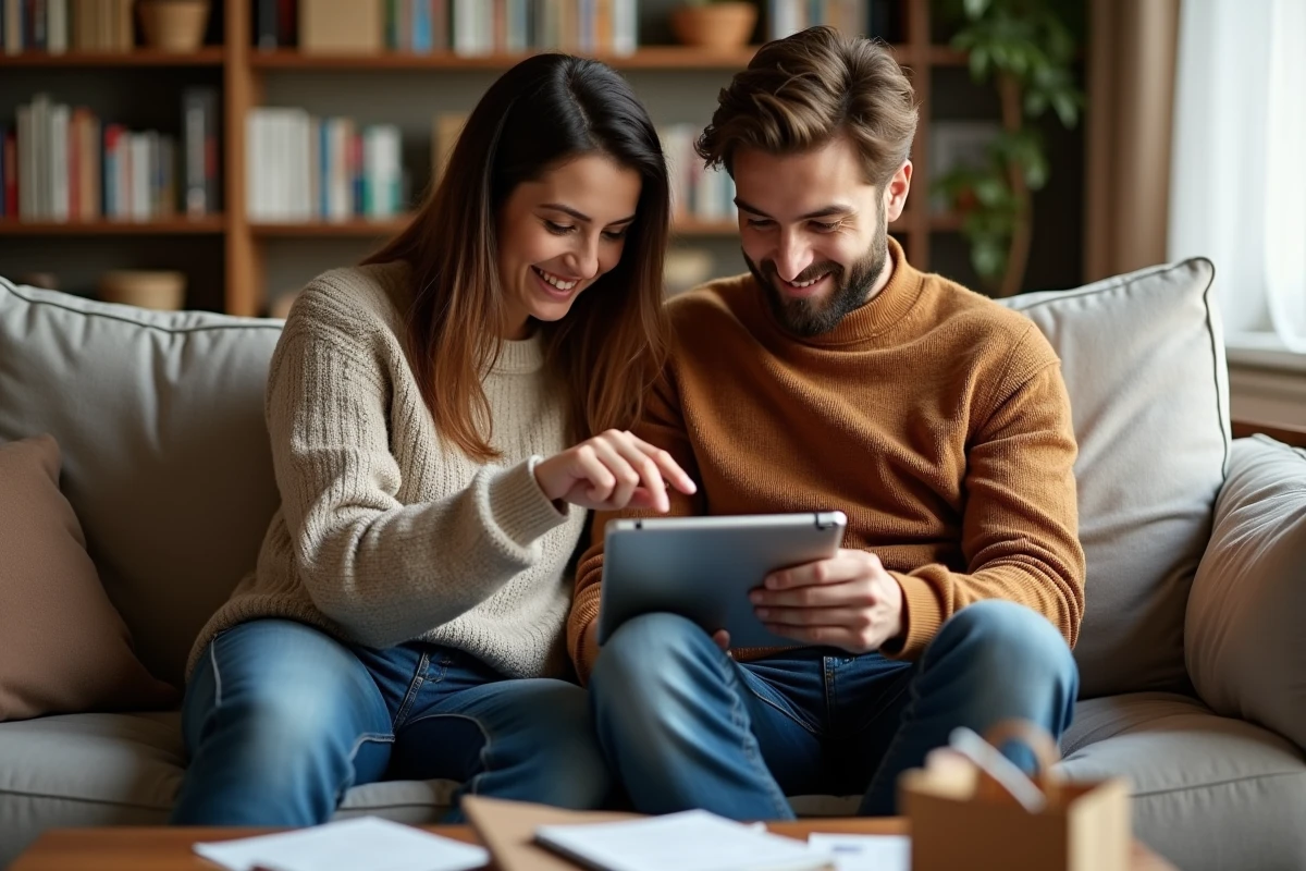 Couple consultant ensemble des offres du Black Friday sur une tablette dans leur salon avec un carnet de notes et un budget partagé