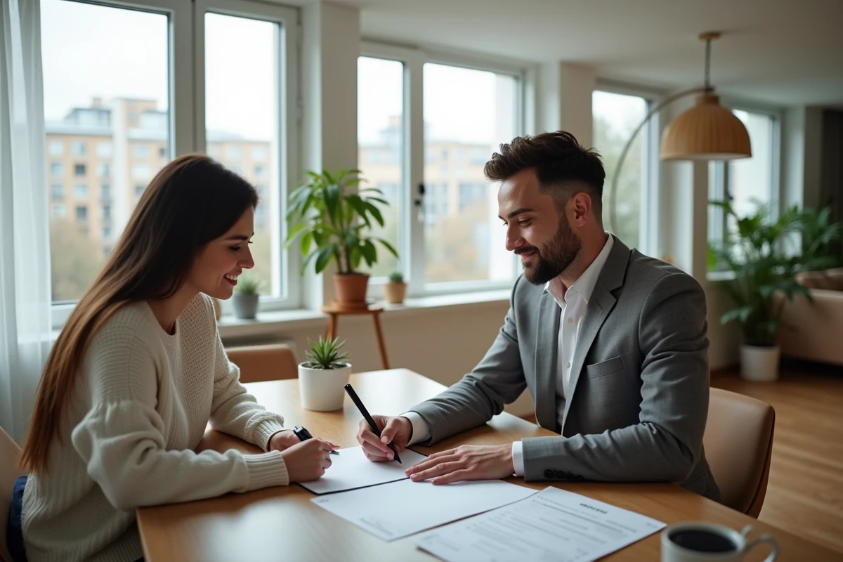 Jeune couple signant un contrat dans un appartement moderne