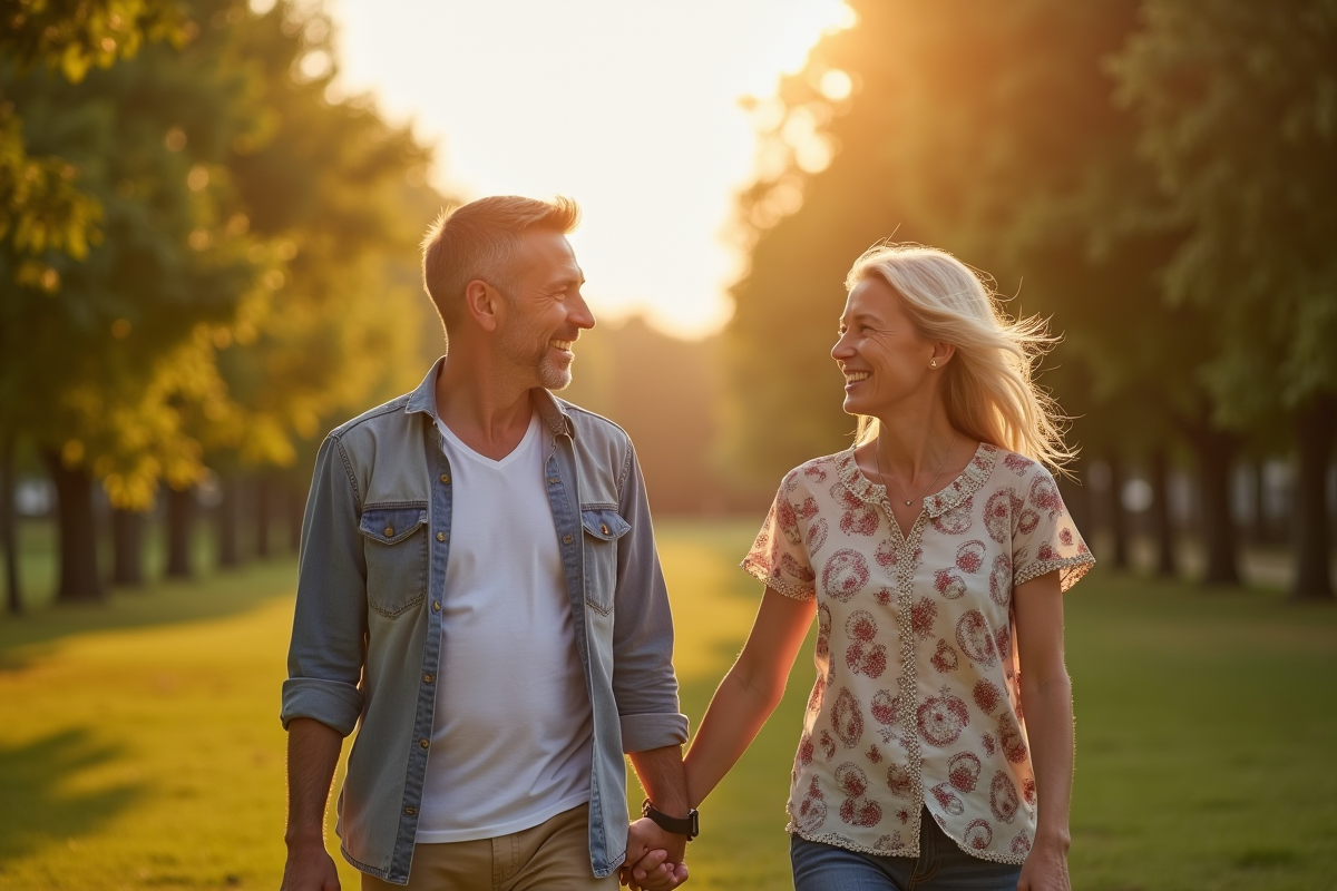 Couple souriant marchant dans un parc ensoleille avec bagues