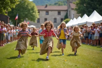 Enfants et adultes en course de sacs lors d'une fête à Sarralbe