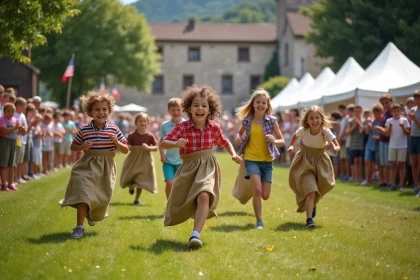 Enfants et adultes en course de sacs lors d'une fête à Sarralbe