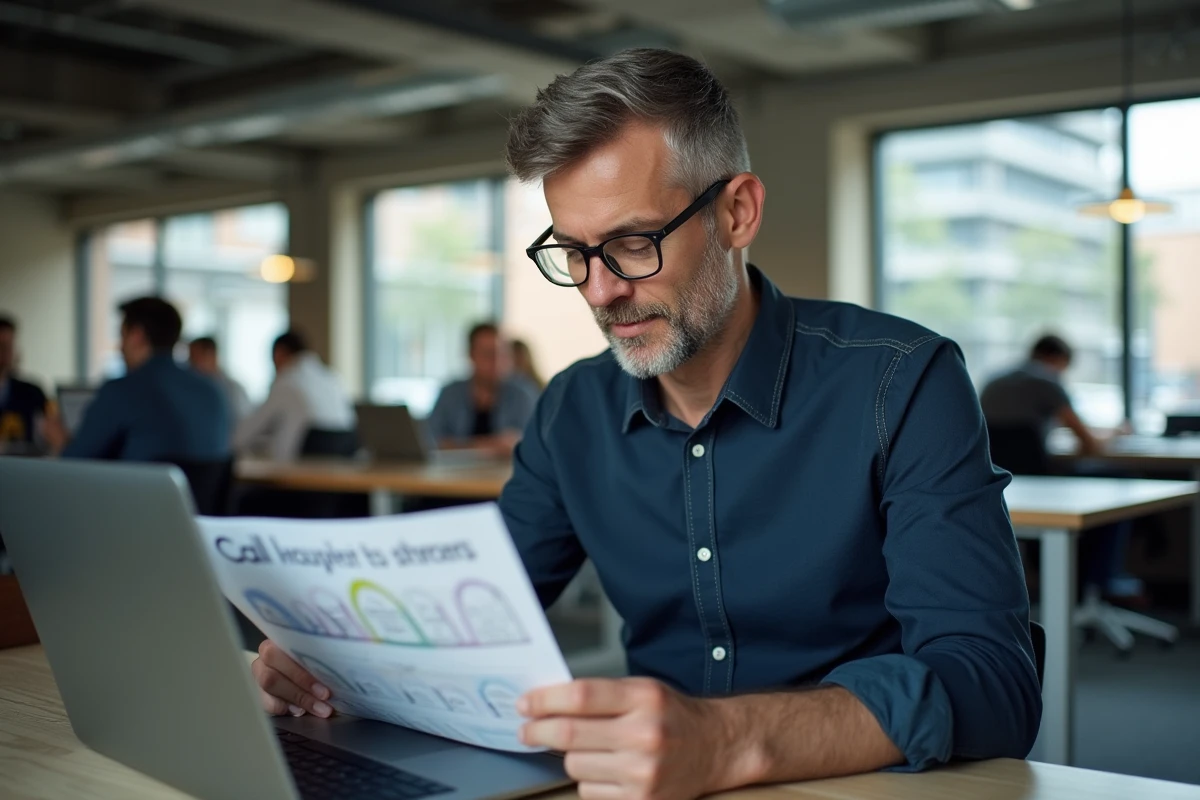 Professionnel en espace de coworking configurant un standard téléphonique d'entreprise avec indicatif régional 05