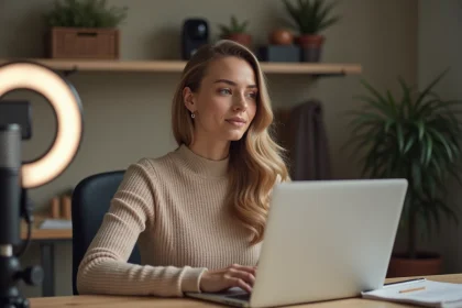 Jeune femme créatrice de contenu travaillant sur son ordinateur portable dans un bureau maison moderne pour générer des revenus en ligne