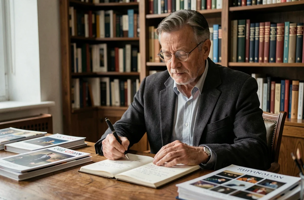 Critique d'art assis à son bureau analysant des documents sur un scandale artistique contemporain