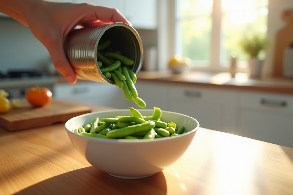Cuisine moderne avec bol de haricots verts frais