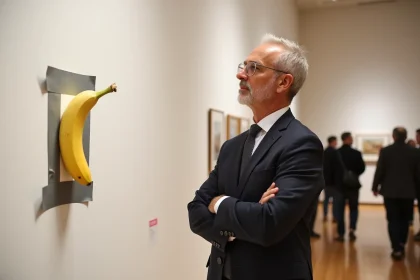 Curateur d'art contemple une banane fixée au mur
