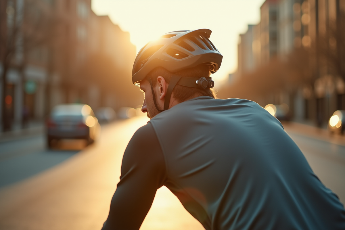 Cycliste portant casque moderne avec écouteurs intégrés en ville