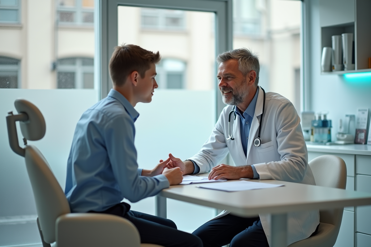 Dentiste professionnel consulte un adolescent nerveux en clinique