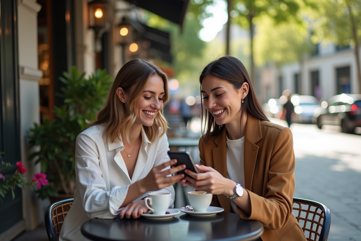 Deux jeunes femmes discutant au café en ville