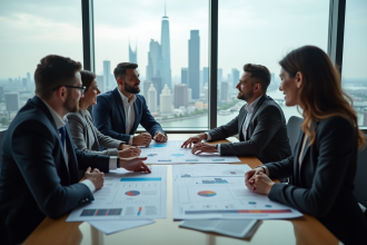 Groupe de developpeurs immobiliers en discussion dans un bureau moderne