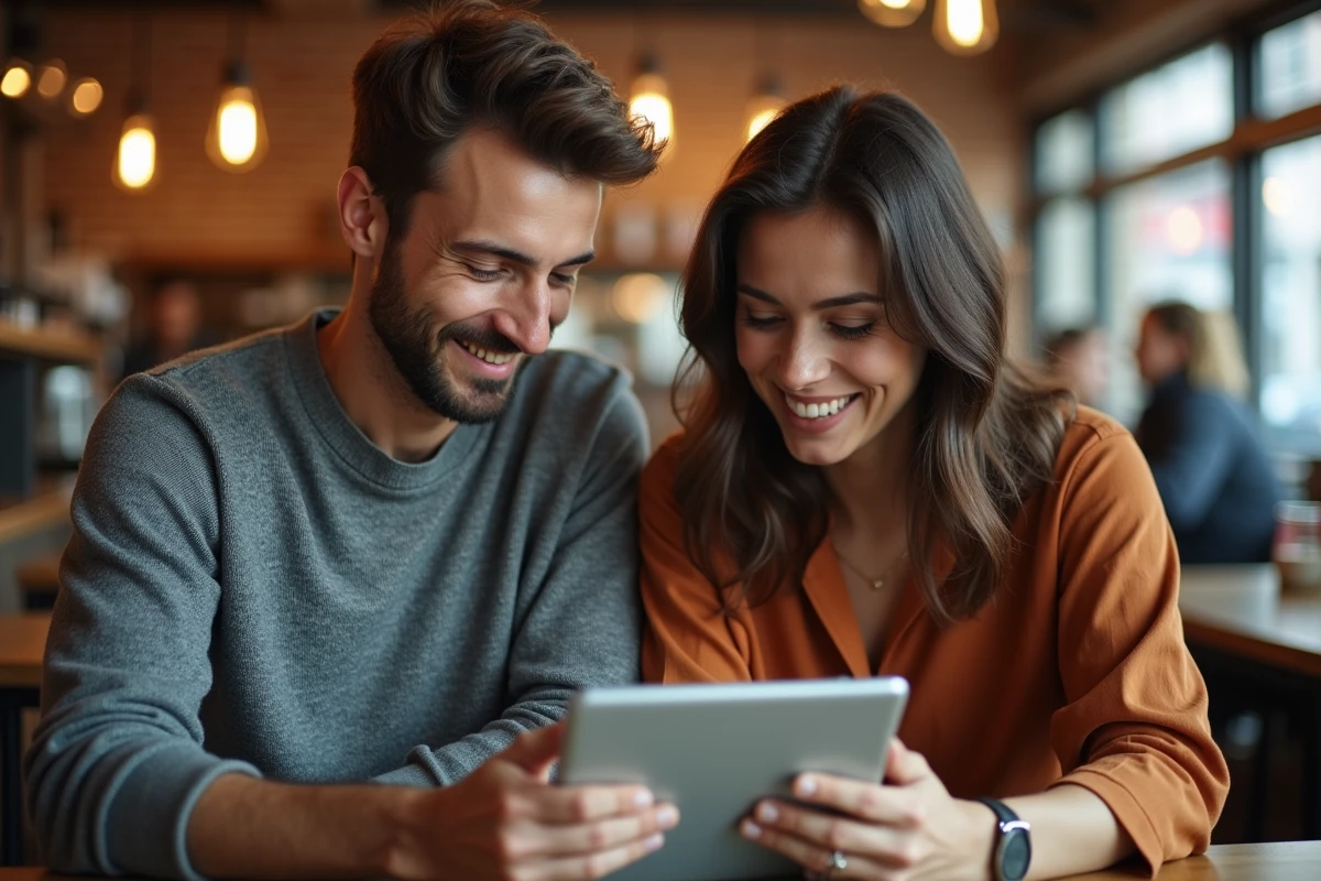 Deux collègues discutant des avis et limites d'un outil numérique autour d'une tablette dans un café urbain, représentant une recherche collaborative sur la fiabilité d'un service