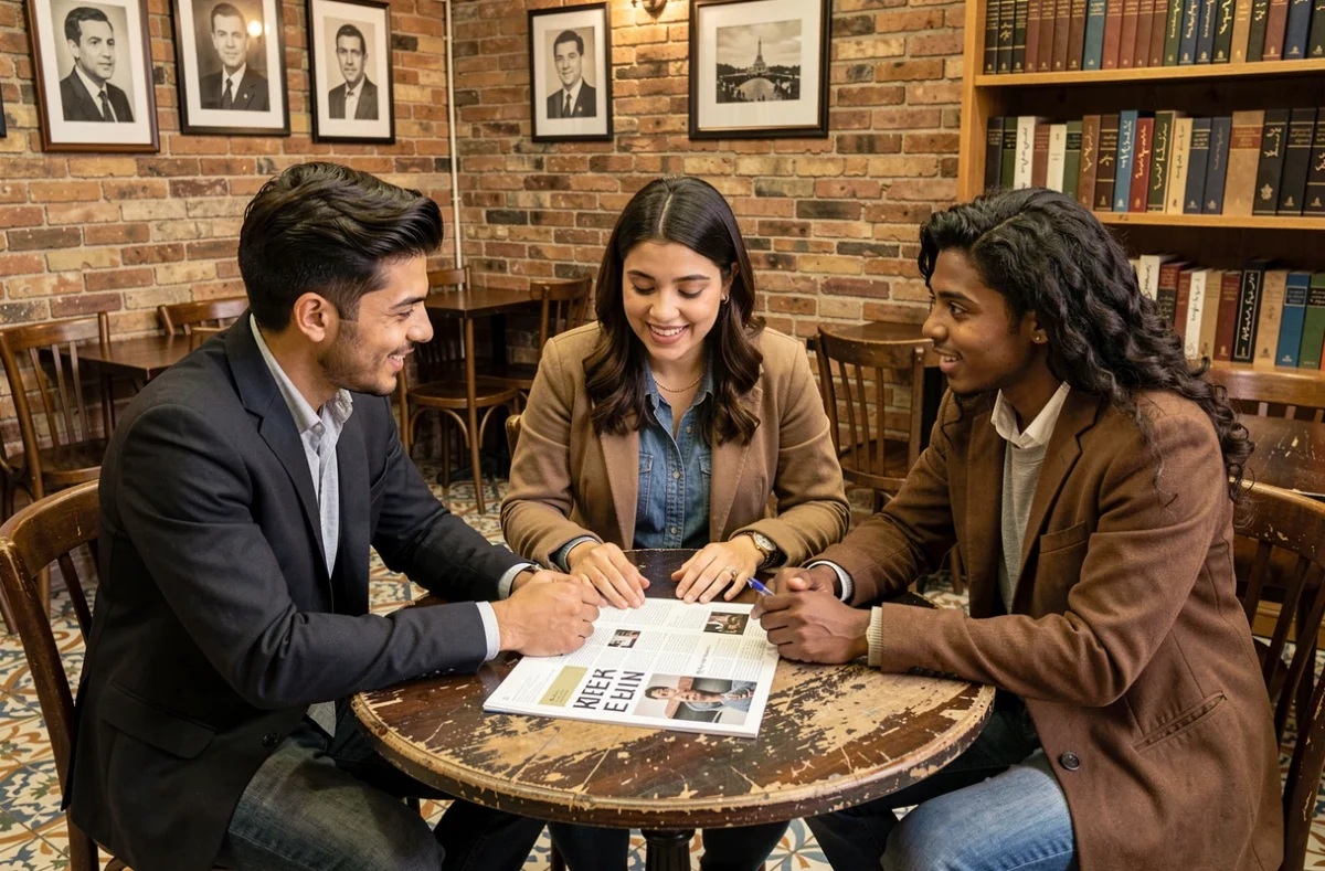 Groupe de jeunes professionnels discutant d'un article sur Georges Maroun Kikano dans un café de style beirouthin