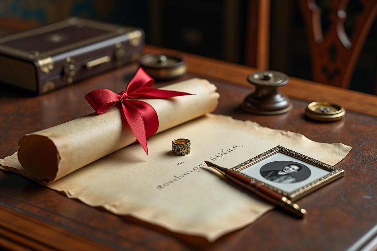 Documents notariaux et objets d'héritage familial disposés sur un bureau ancien dans un office notarial parisien