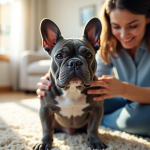 Bouledogue français bleu en soin dans un salon lumineux