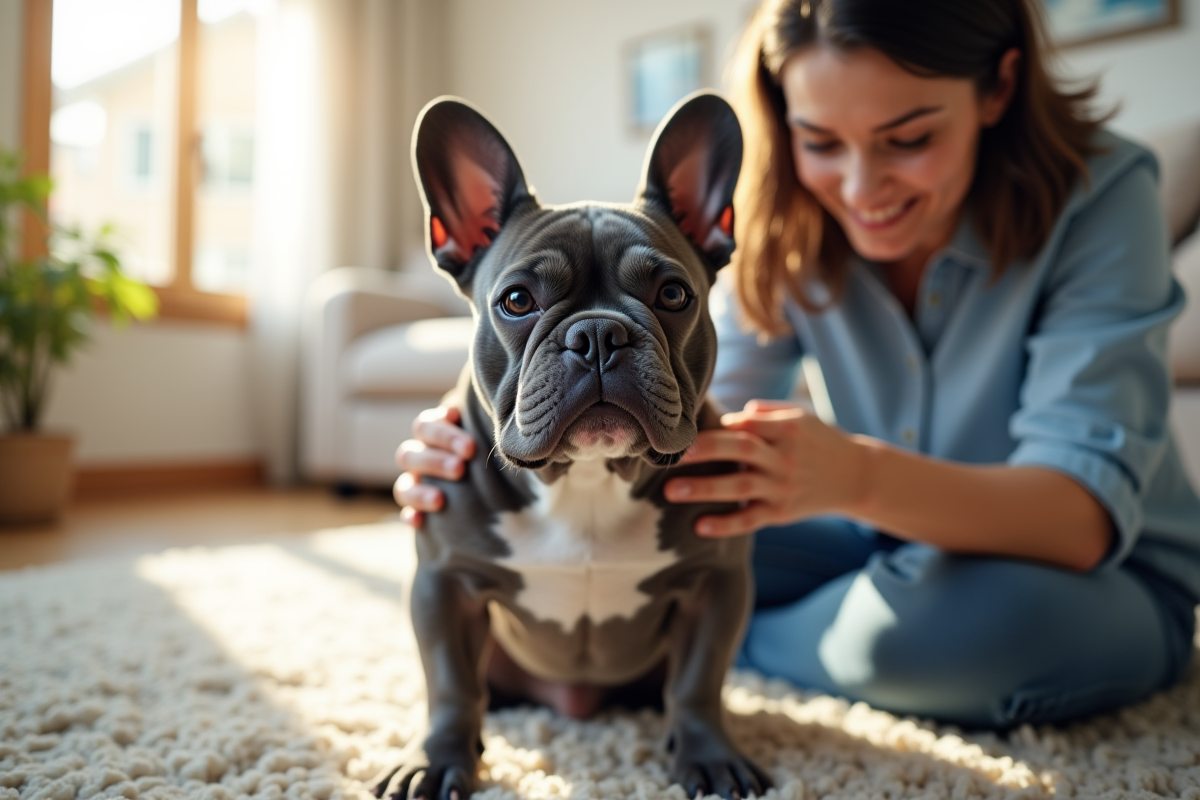 Bouledogue français bleu en soin dans un salon lumineux