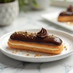 Éclair au chocolat élégant sur une assiette blanche avec or comestible