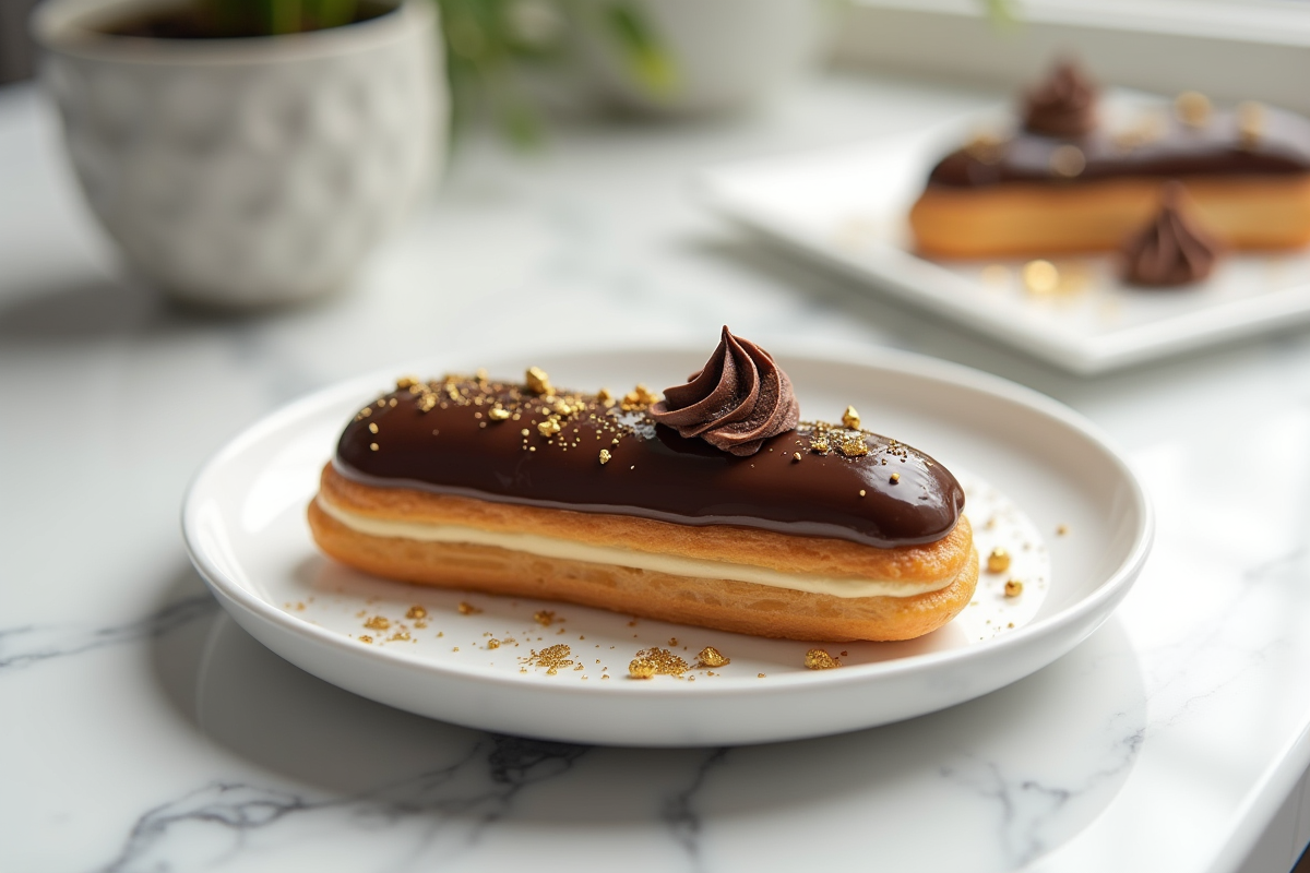 Éclair au chocolat élégant sur une assiette blanche avec or comestible