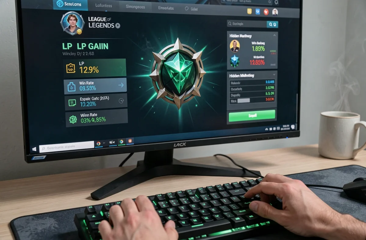Gros plan sur un écran affichant le rang Émeraude et les données de MMR caché sur League of Legends