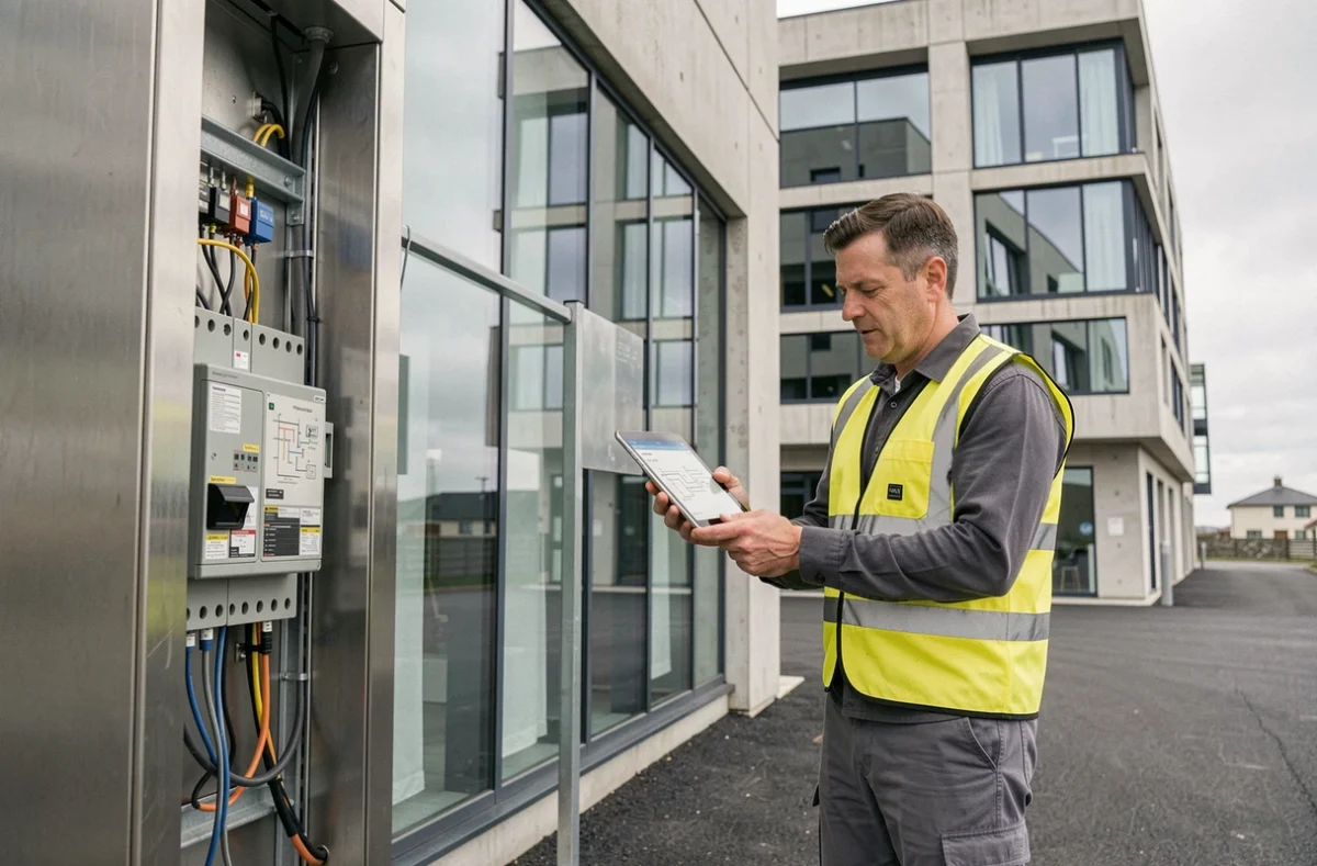 Électricien d'EGPP Électricité supervisant une installation sur un bâtiment commercial dans le Finistère