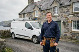 Électricien professionnel devant un bâtiment breton en pierre dans le Finistère avec un van utilitaire blanc