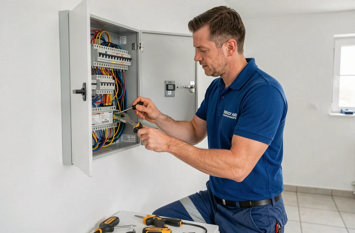 Électricien d'Électricité Service câblant un tableau électrique dans une maison moderne en Bretagne