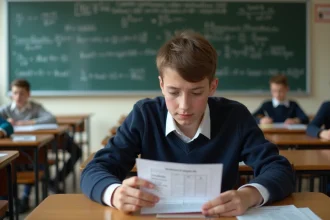 Jeune lycéen français en train de revoir un bulletin scolaire