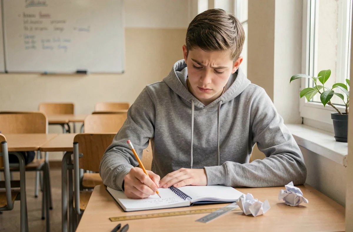 Élève concentré qui note ses idées pour devenir délégué de classe dans un cahier