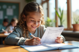 Étudiant souriant examinant un rapport de devoirs avec commentaires