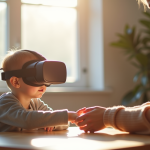 Jeune enfant retire un casque de réalité virtuelle dans un salon lumineux